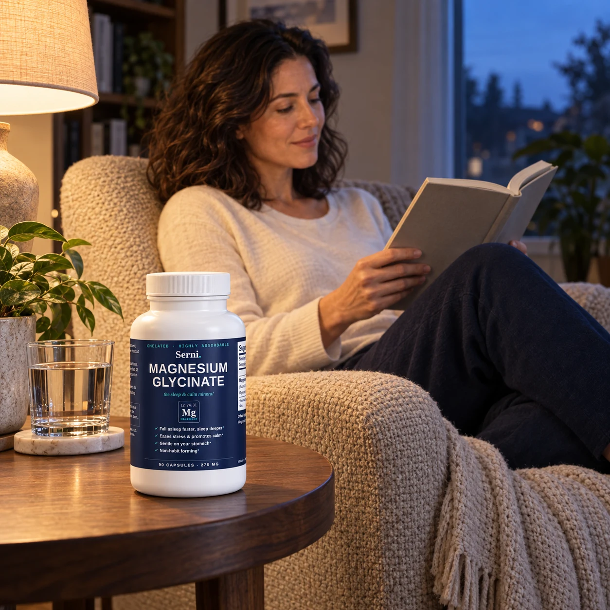 Woman relaxing with a book in the evening beside a bottle of Serni Magnesium Glycinate