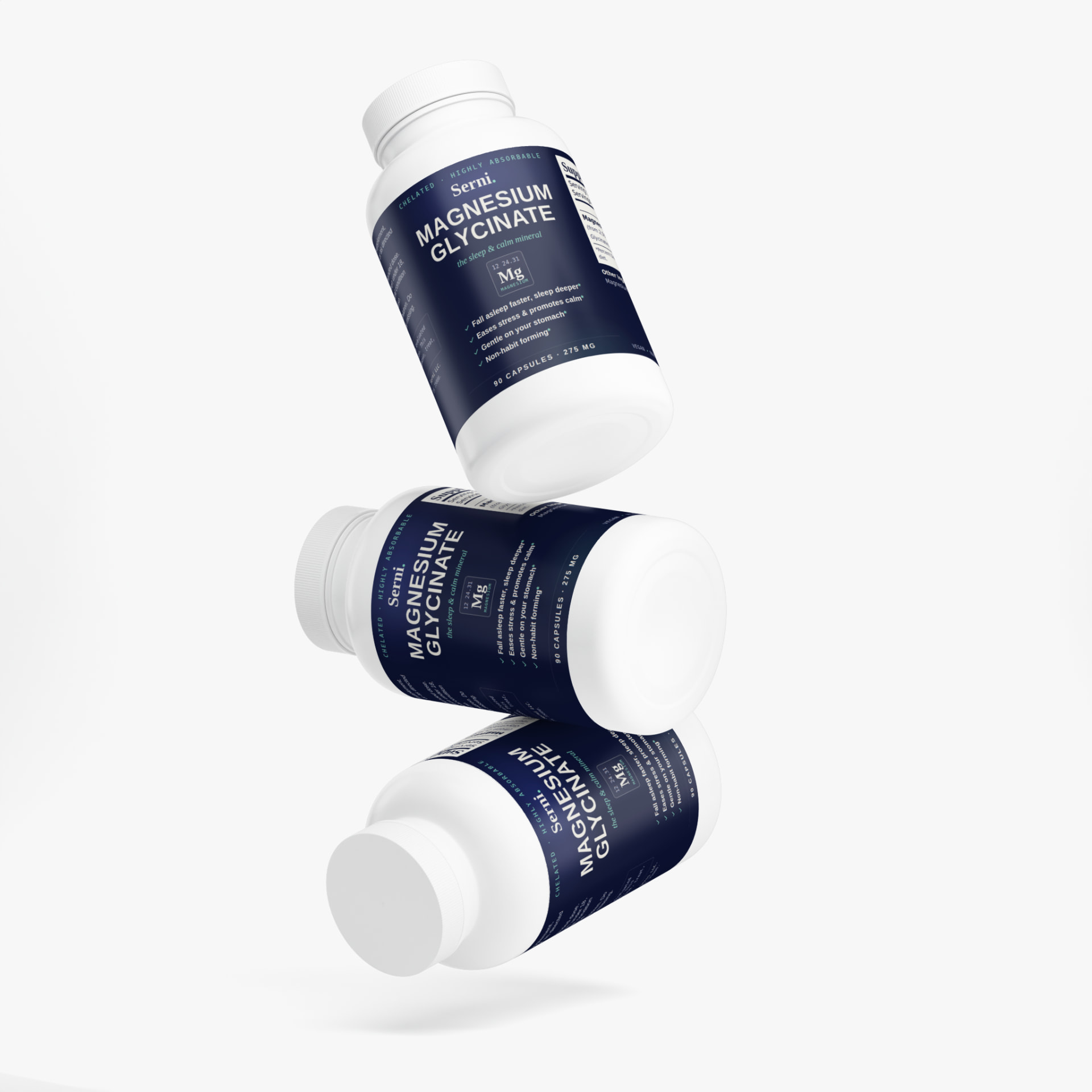 Three Serni Magnesium Glycinate bottles floating against a light background