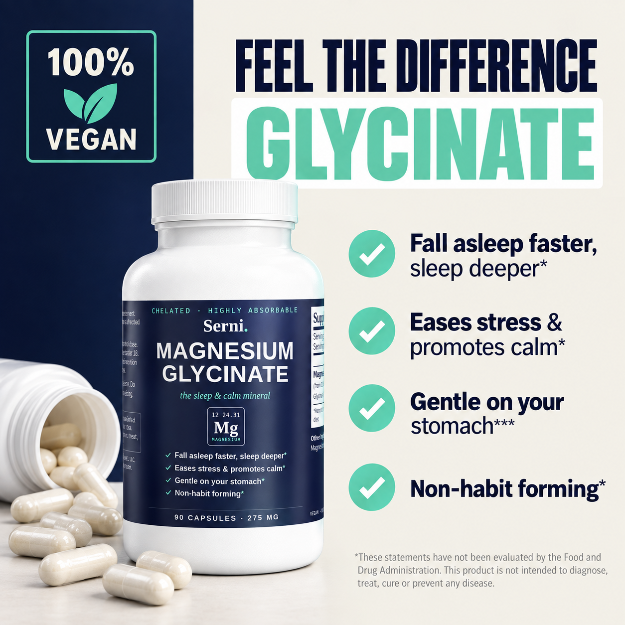 Serni Magnesium Glycinate bottle with capsules — fall asleep faster, eases stress, gentle on your stomach, non-habit forming