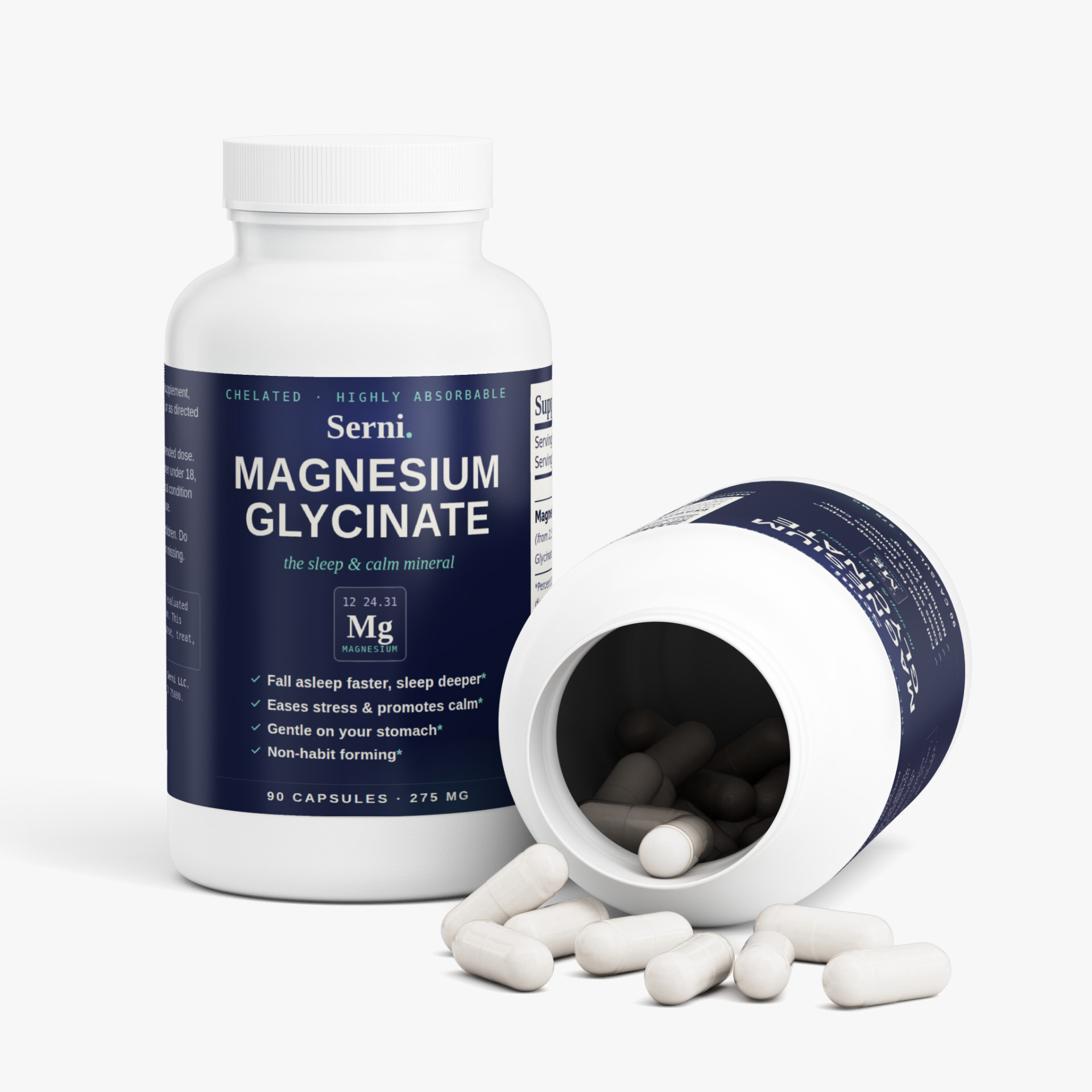 Serni Magnesium Glycinate bottle with capsules spilling out — white capsules, navy label, 90 capsules 275 mg