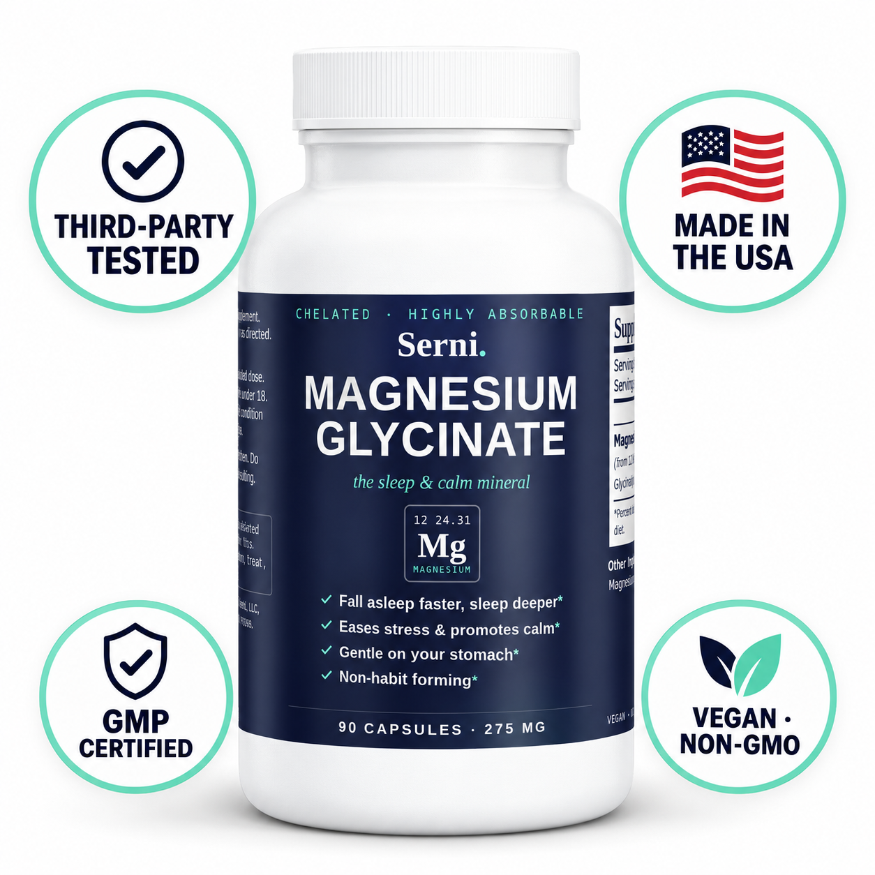 Serni Magnesium Glycinate bottle with third-party tested, GMP certified, made in the USA and vegan non-GMO badges